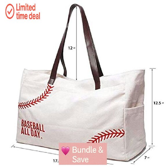 Large Canvas Baseball Tote Bag with Multiple Pockets for Sports Games - Picture 4 of 8